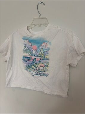 Old Navy White Crop Tee with Pink & Blue Camaro Graphic